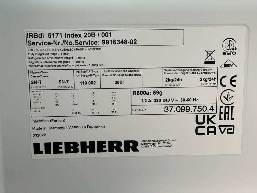Новий холодильник LIEBHERR IRBdi 5171 під забудову