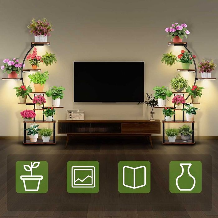 Duży stojak na kwiaty z lampą, 9-poziomowy regał metalowy