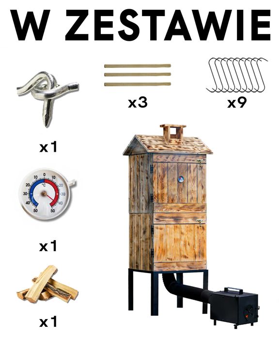 Wędzarnia drewniana ogrodowa podwójna opalana, komplet wędzarniczy.