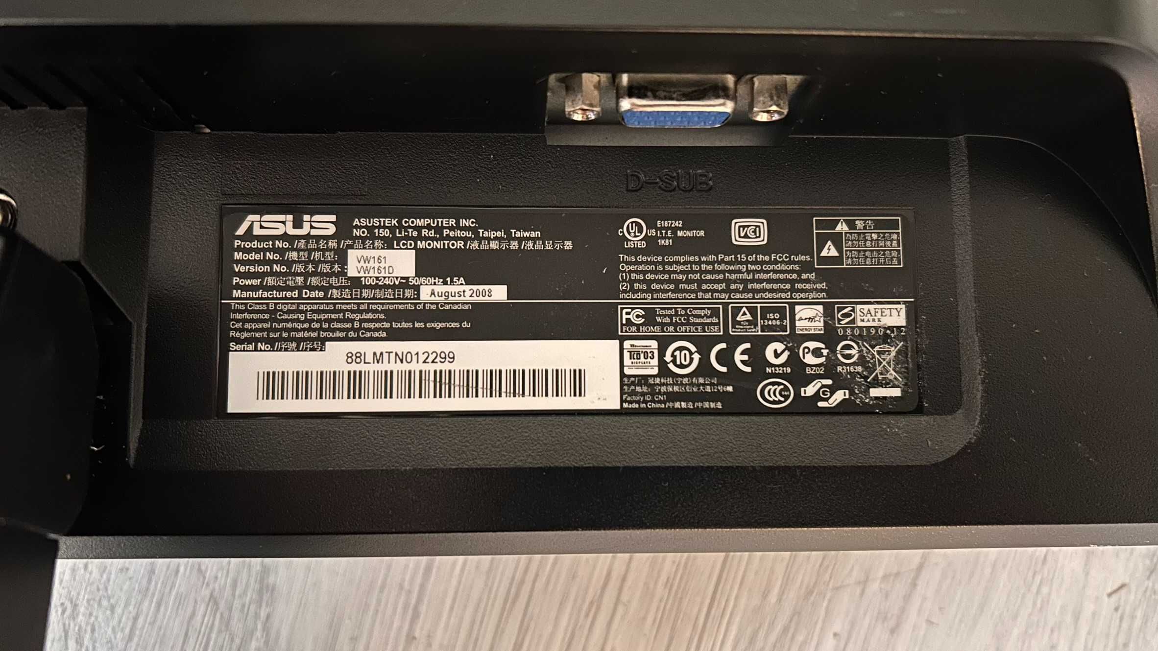 Monitor Asus VW161D – 100% Funcional