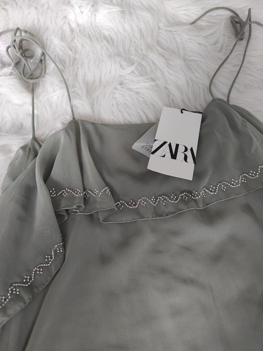 Nowy top Zara M koraliki khaki zdobiony falbanka