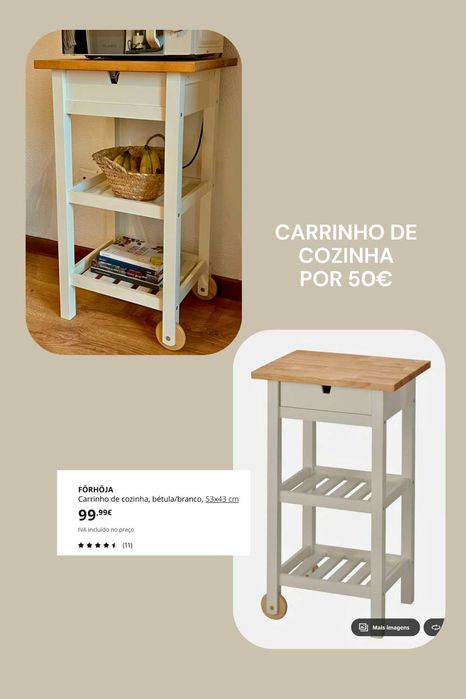 Carrinho de cozinha IKEA FÖRHÖJA 53×43 — branco com tampo de madeira