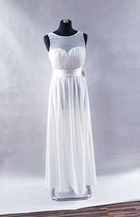 Biała długa sukienka z pięknym przodem, szerokim dołem.