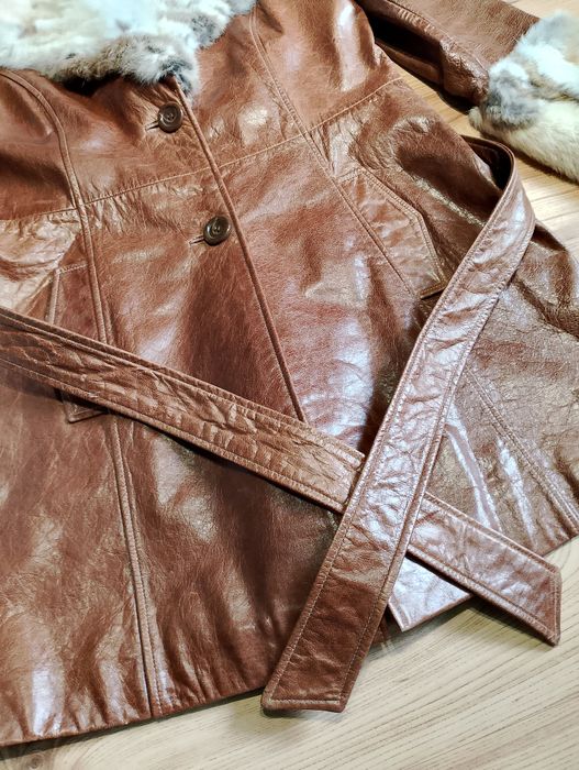 Brązowy Damski Skórzany Płaszcz Guess