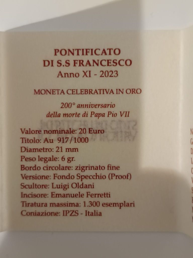 Moeda ouro Vaticano 2023
