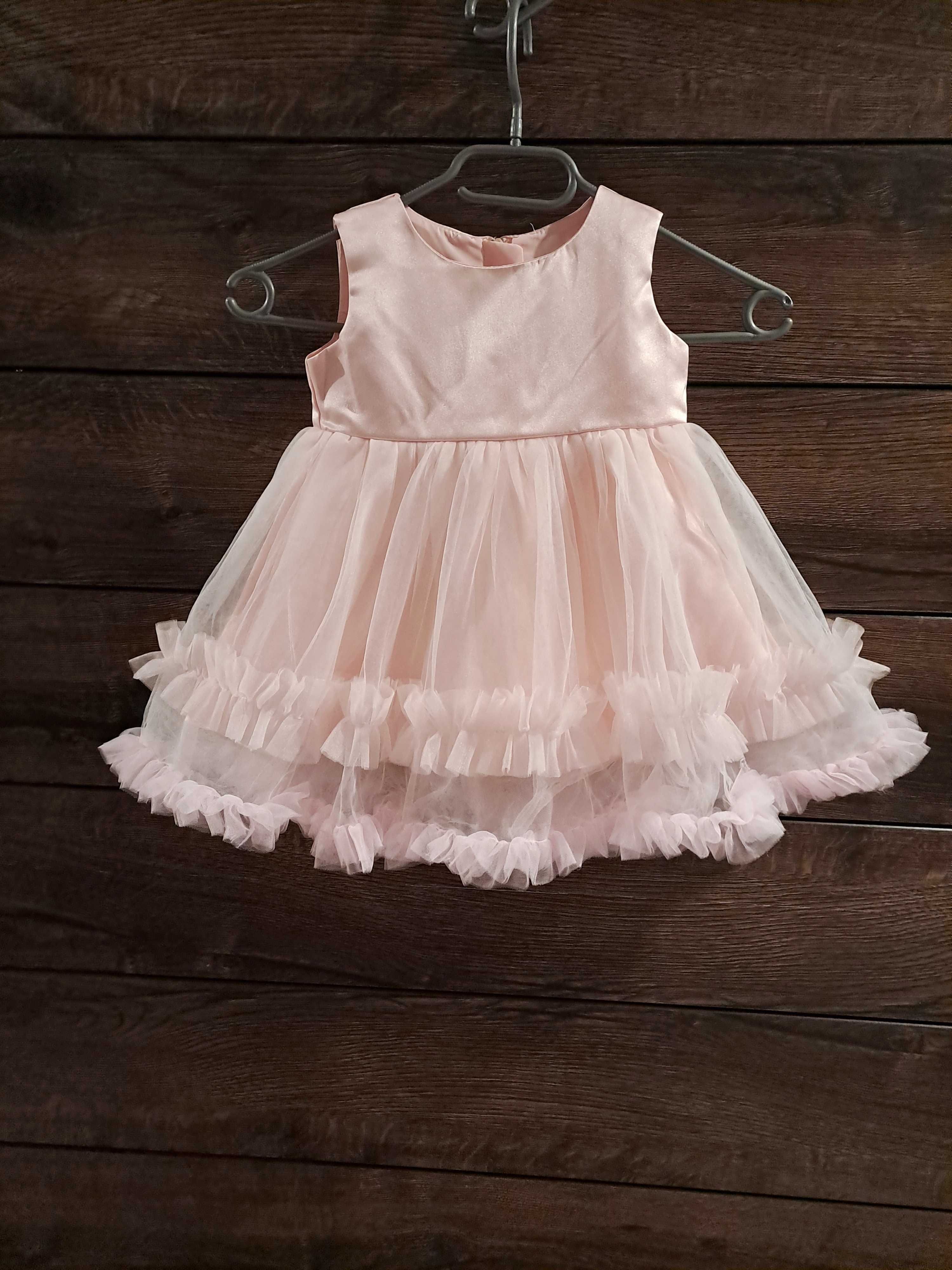 Nowa sukienka dla dziewczynki pudrowy róz z falbanką tiulowa 1-2 lata