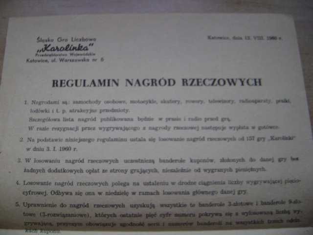 Starocie z PRL - GRY = "Karolinka" śląska gra liczbowa = Regulamin