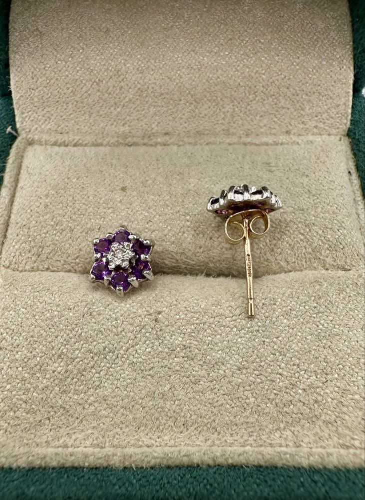 Złote kolczyki z ametystami 0,48ct i diamentami 0,01ct