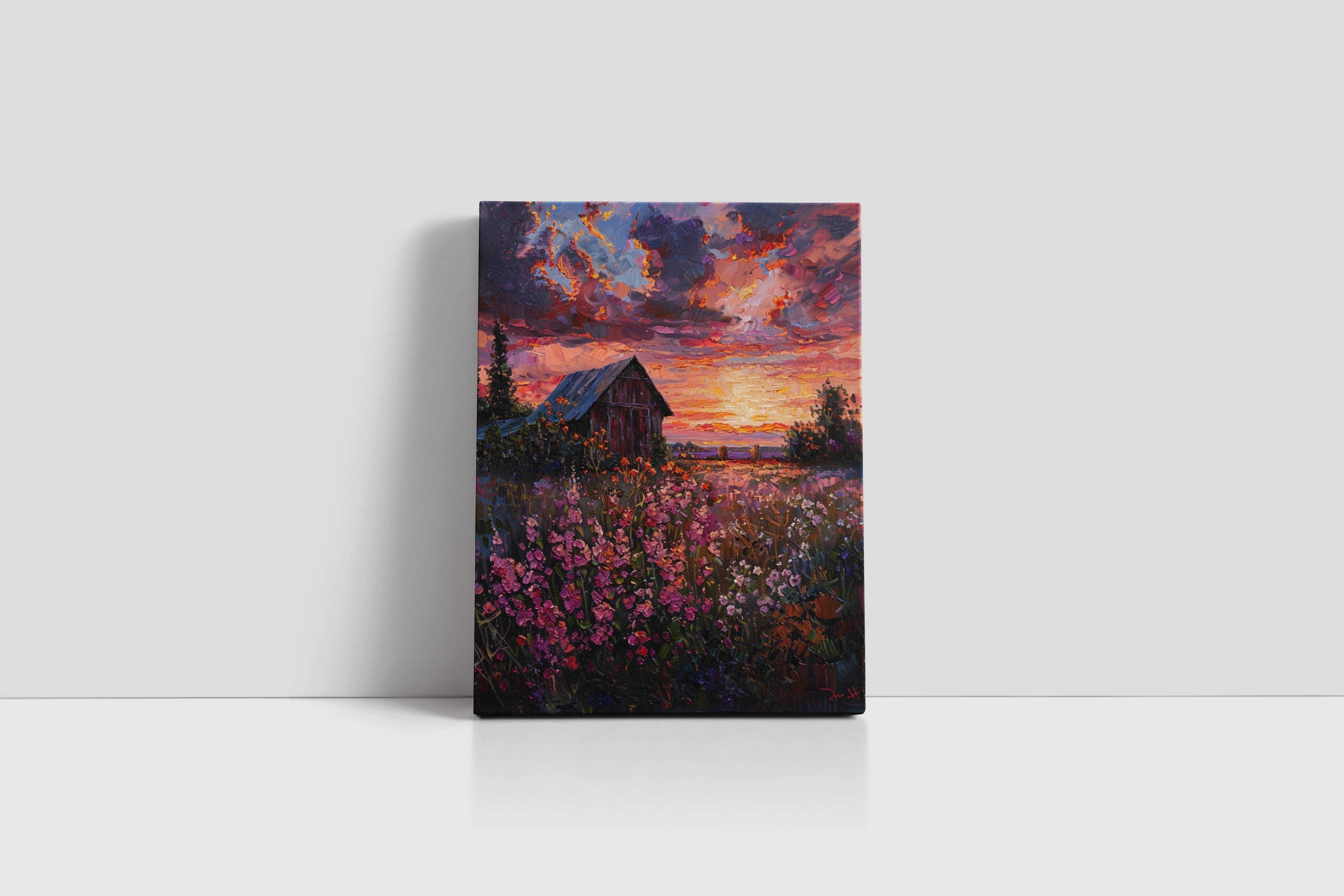 Obraz na płótnie Zachód Słońca nad Kwiatami 30x40 cm