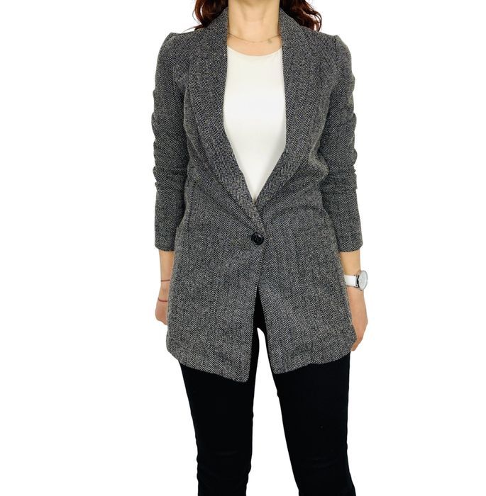 Szary żakiet w jodełkę z jednym guzikiem XS 34 H&M