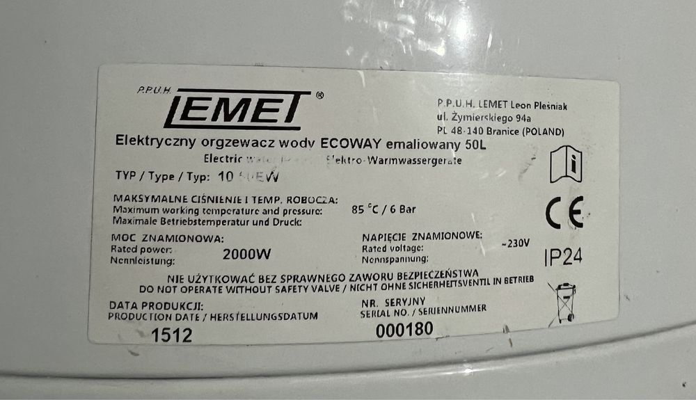 Elektryczny pionowy ogrzewacz wody LEMET ECOWAY 50 L 10.50EW 2000W