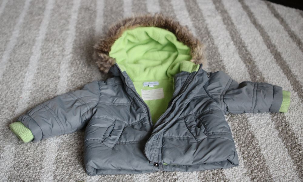 Szara Kurtka na polarku 68 zima, kombinezon, futerko (zara,h&m),)