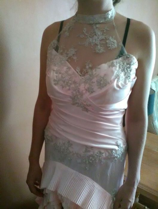 Suknia ślubna cywilny, balowa pudrowy ròż asymetryczna