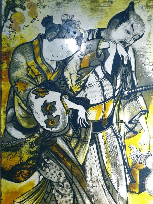 Raro e lindissimo antigo vitral japonês pintado à mão e assinado