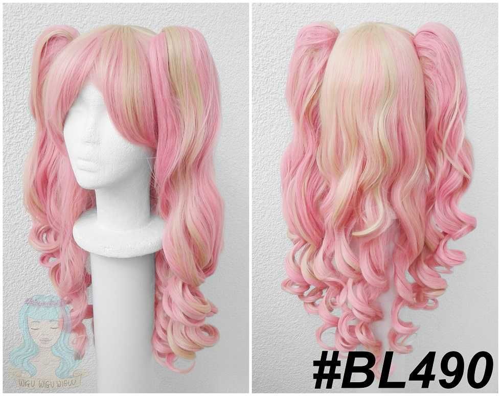 Lolita cosplay wig lokowana peruka różowa blond z kitkami