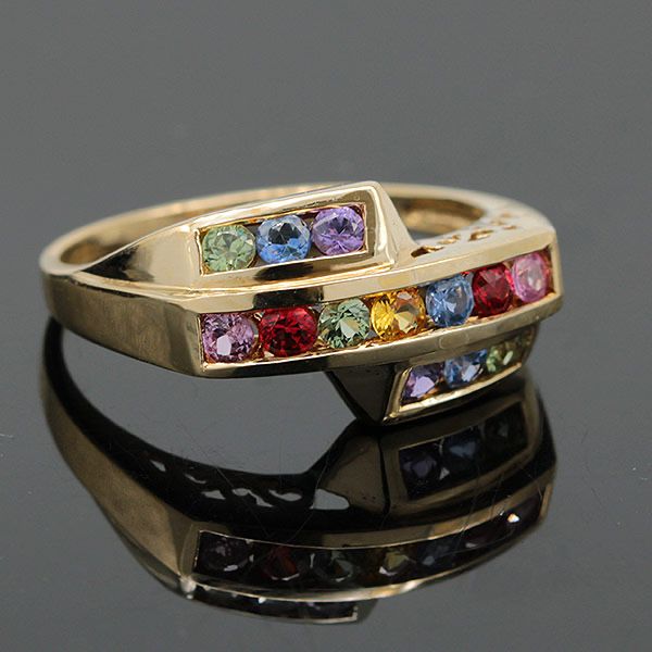 Złoty pierścionek z kolorowymi szafirami obrączka 9K