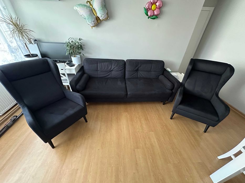 Rozkładana sofa plus fotele uszaki KOMPLET czarny. Styl skandynawski
