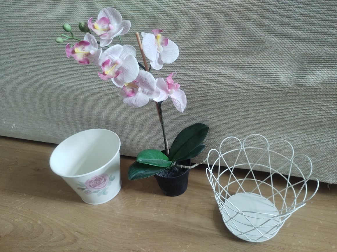 Planta de decoração orquídea com vaso em metal e cesto de metal