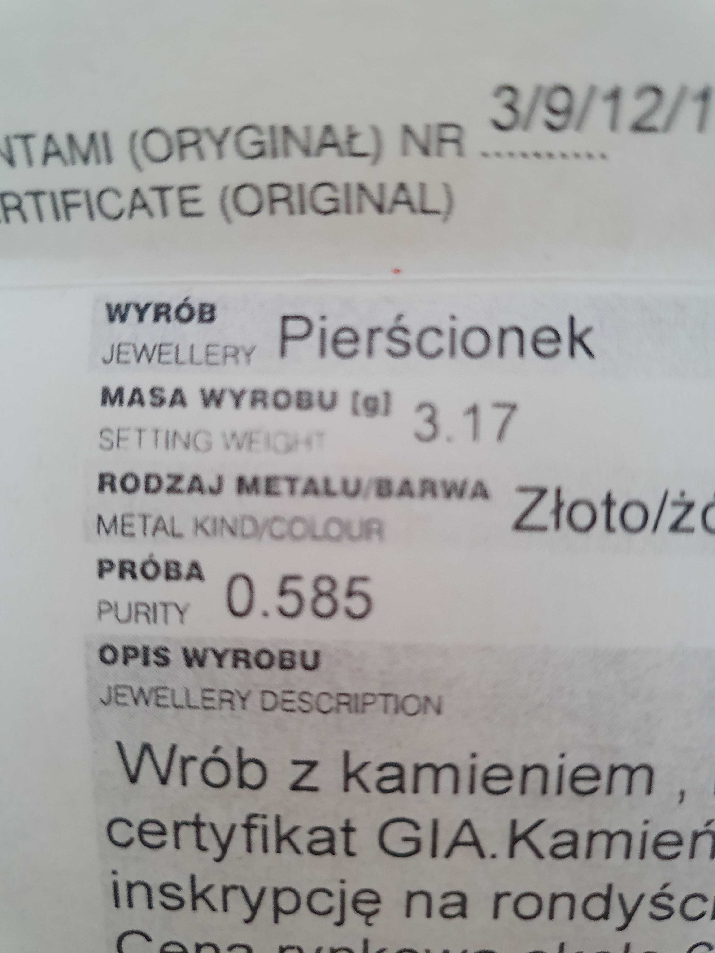 Złoty 585  Pierścionek z diamentem 0,42ct