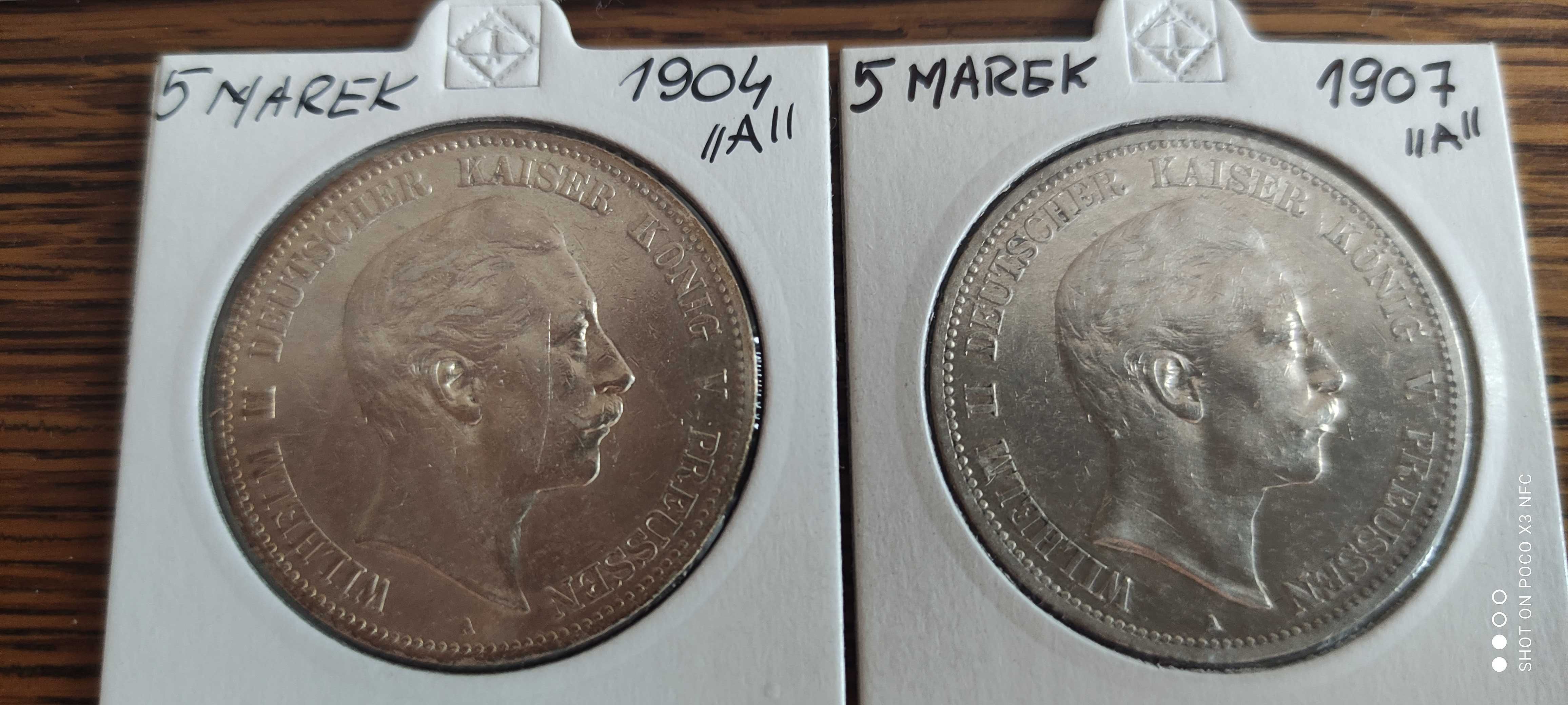 Monety srebrne 5 sztuk Niemcy Prusy 5 marek 1895 do 1907 piękne srebro