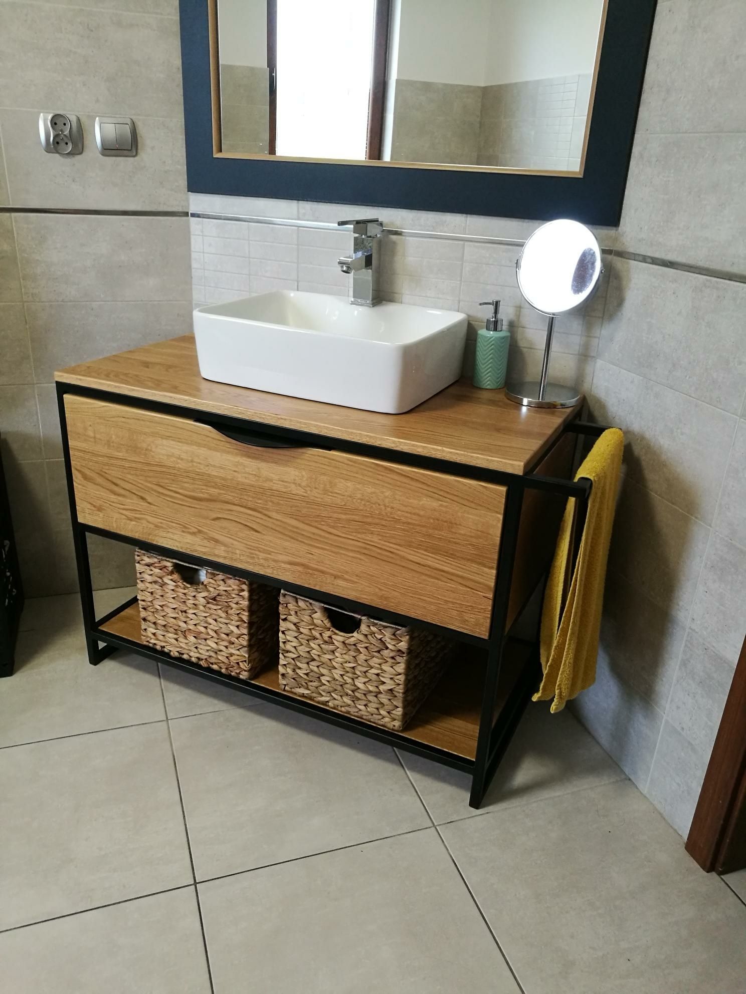 Szafka pod umywalki loft stal dąb drewno szuflady industrialnym stylu