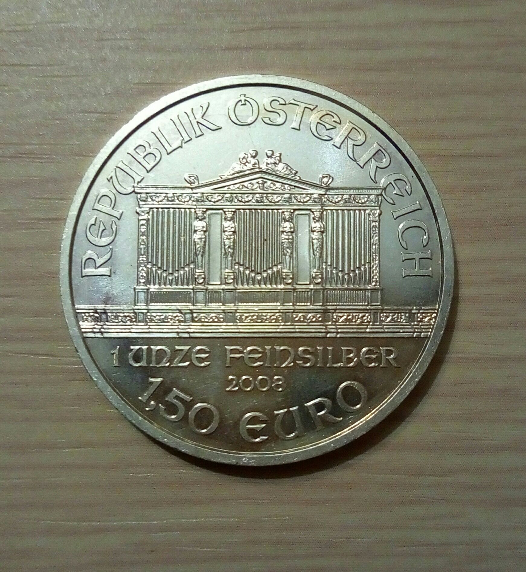 1,5 евро 2008, Австрия, филармоник, 9999 проба, 1 OZ!