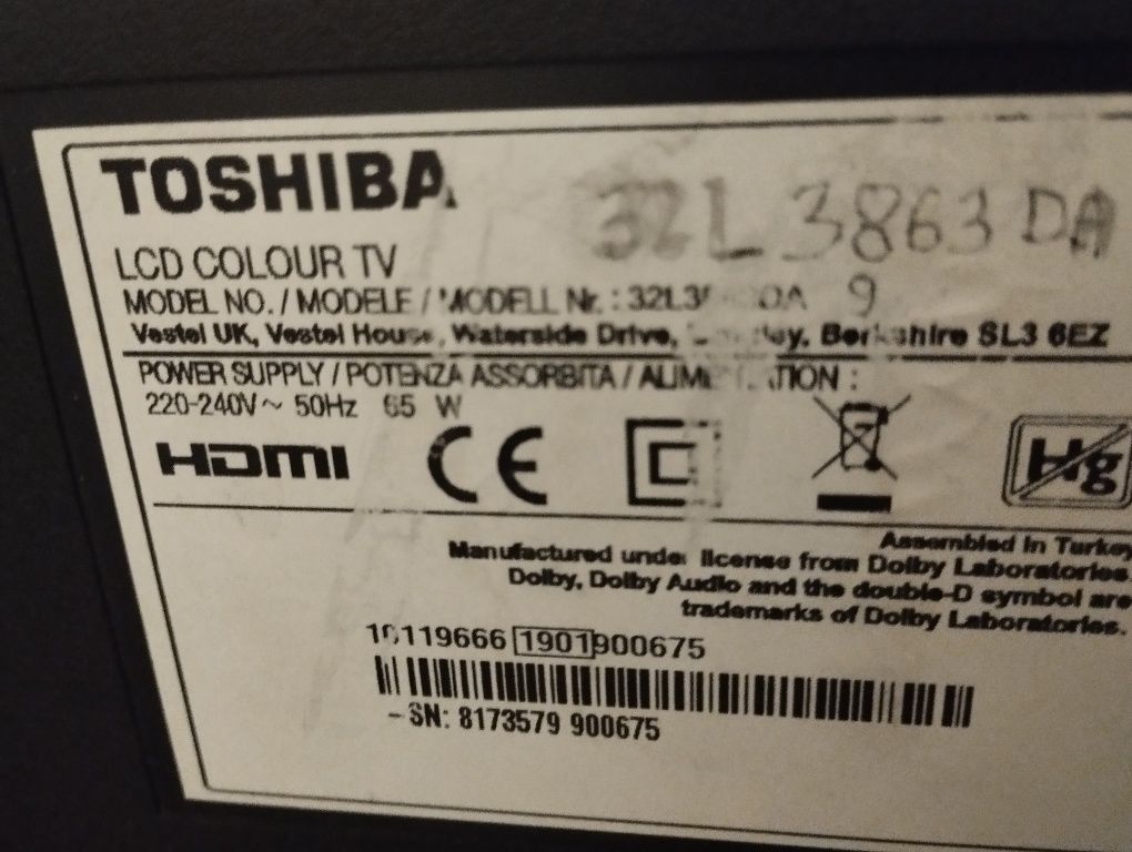 Телевізор lcd Toshiba 32l3863da smart, t2, wi-fi.i-