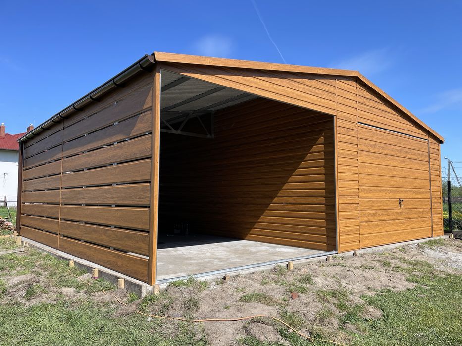 PRODUCENT. Garaż blaszany złoty dąb 4x6 + wiata 3x6