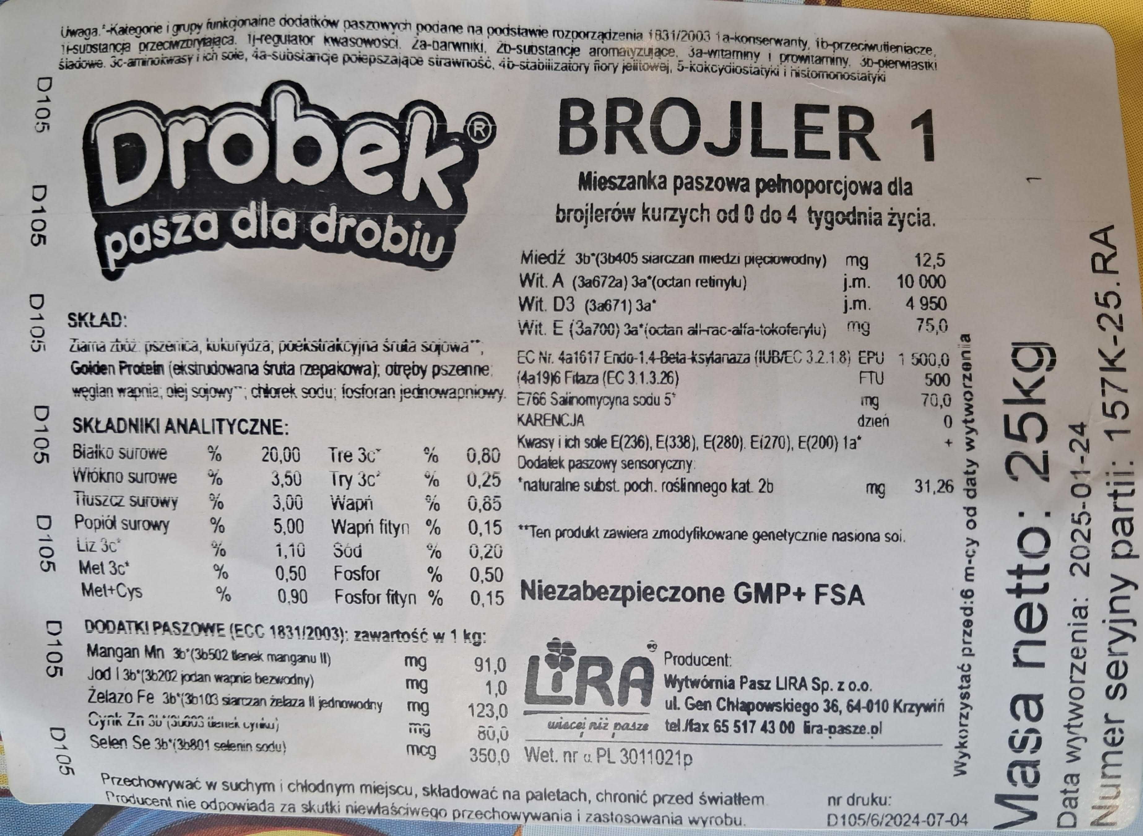 LIRA Pasza BROJLER 1 od 0-4 tyg. życia kruszonka 25 kg