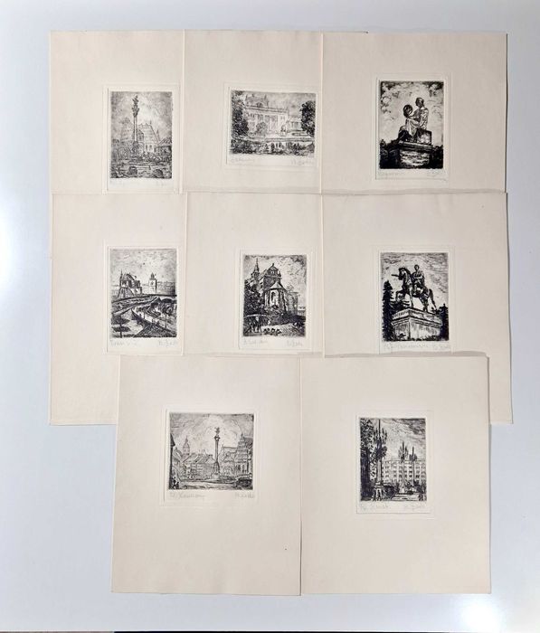 Barbara Łada „Fragmenty Warszawy” 8x akwaforta 6×8 cm Warszawa PRL