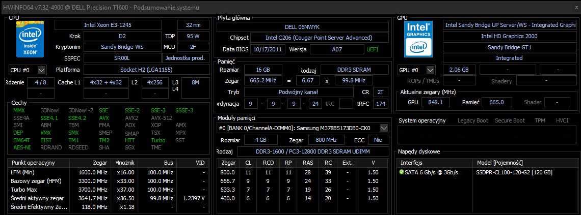 Komputer DELL PRECISION T1600 Xeon (4/8) 16GBram dysk SSD (120GB)