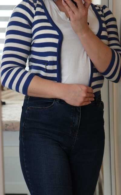 Biało-niebieski, krótki kardigan / sweter w paski, Reserved, S (36)