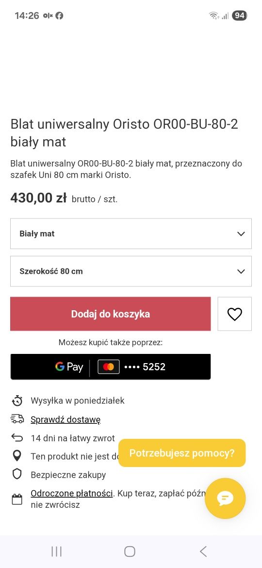 Blat uniwersalny Oristo OR00-BU-80-2 biały mat
Blat uniwersalny OR00-B