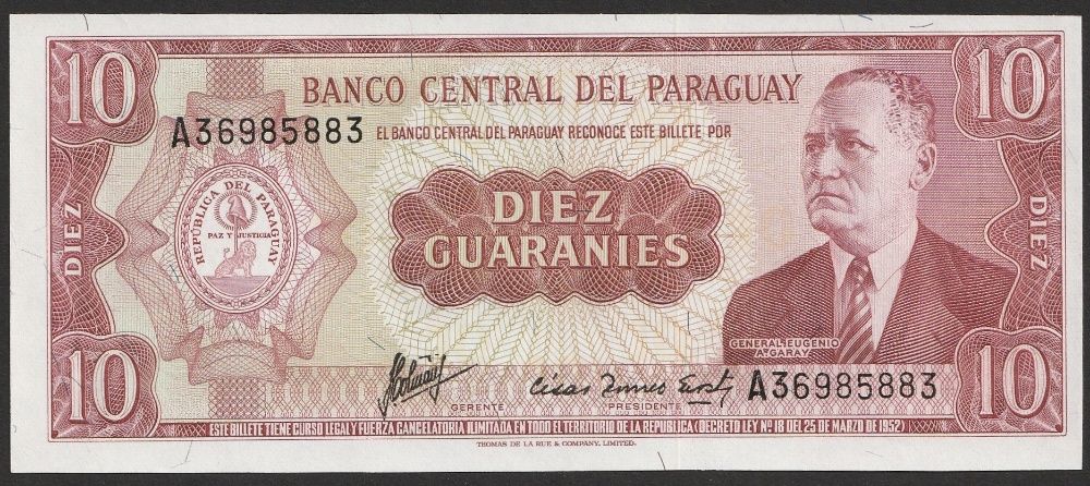 Paragwaj 10 guarani 1952 - E. A. Garay - stan bankowy UNC