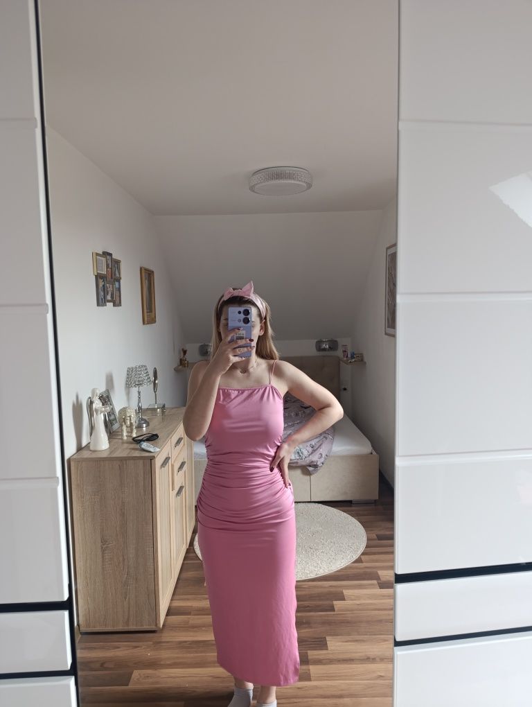Sukienka z rozcięciem marszczona letnia MIDI koktajlowa sexy s m