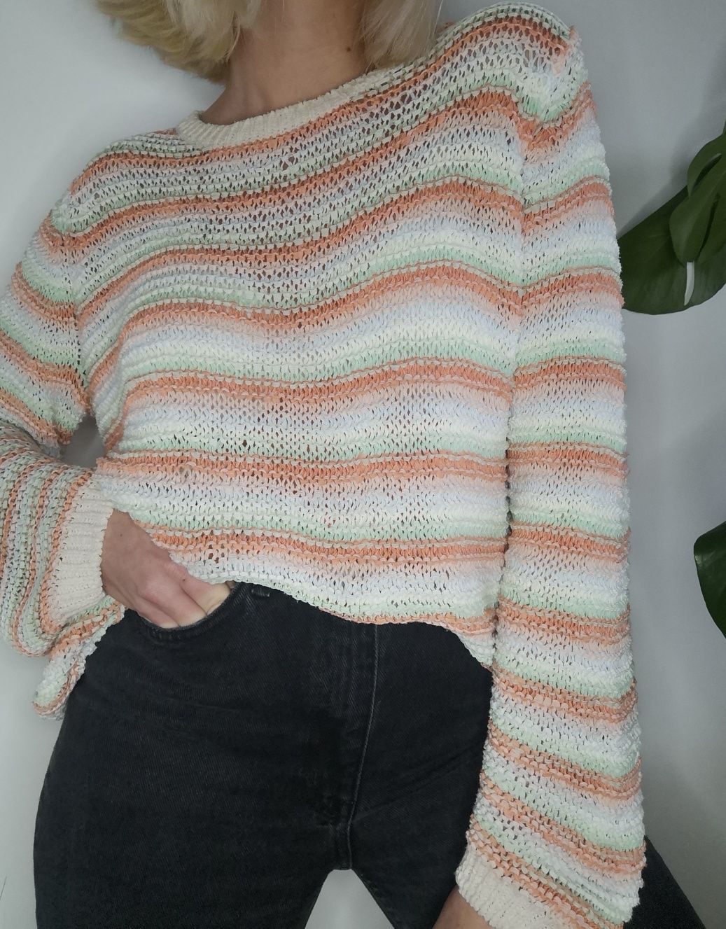 Kolorowy pleciony sweter oversize boho etno hippie vintage