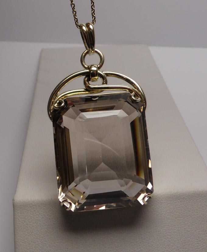 Art deco okazały kwarc dymny 92,5 ct. Srebro złocone.