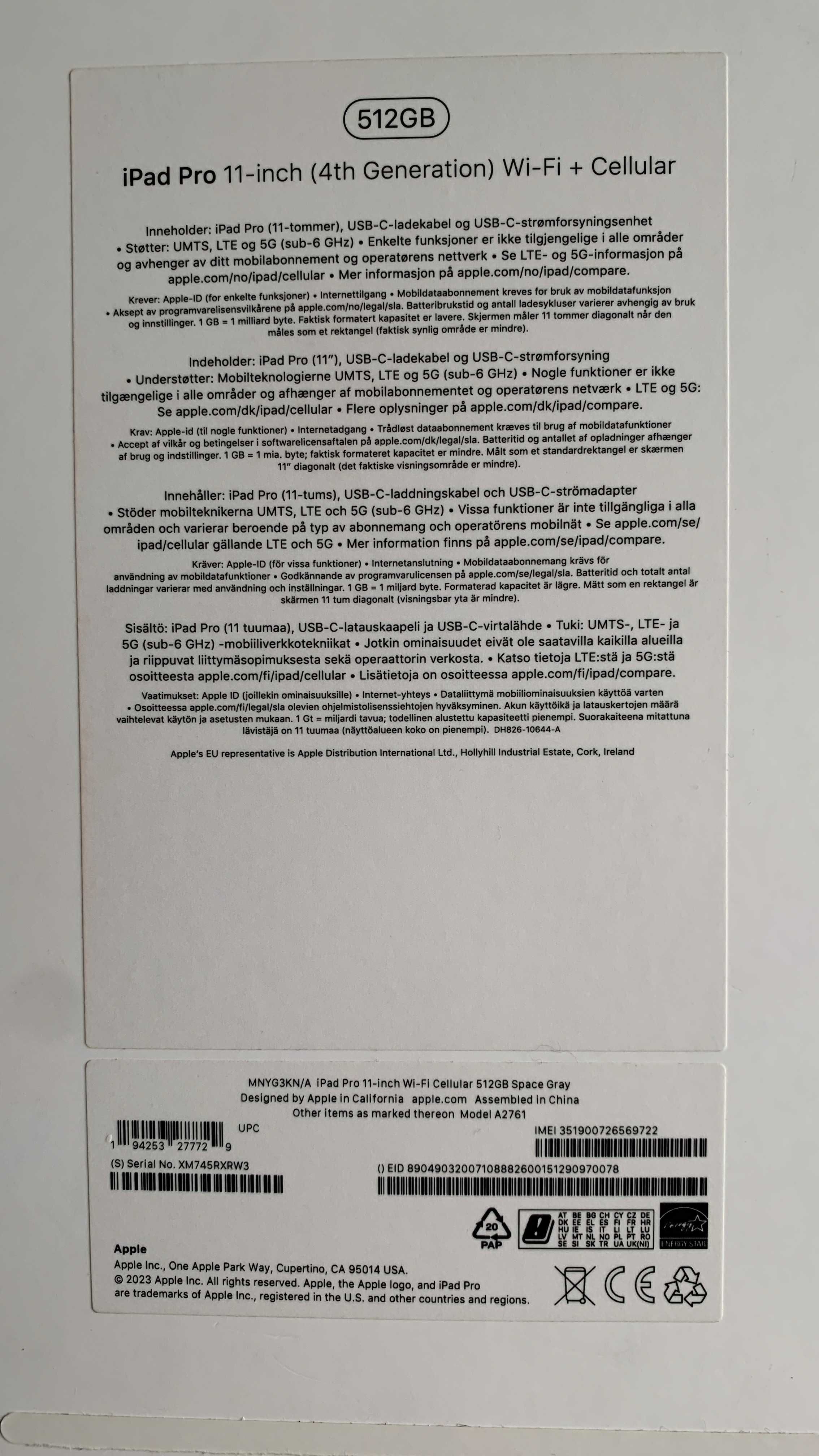 iPad Pro 11" 4th Generation 512GB Wifi+Cellular