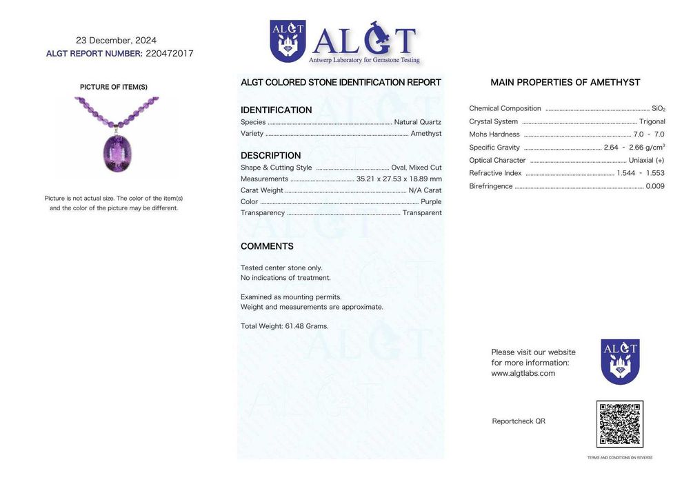 Colar de Ametista Natural certificado ALGT
