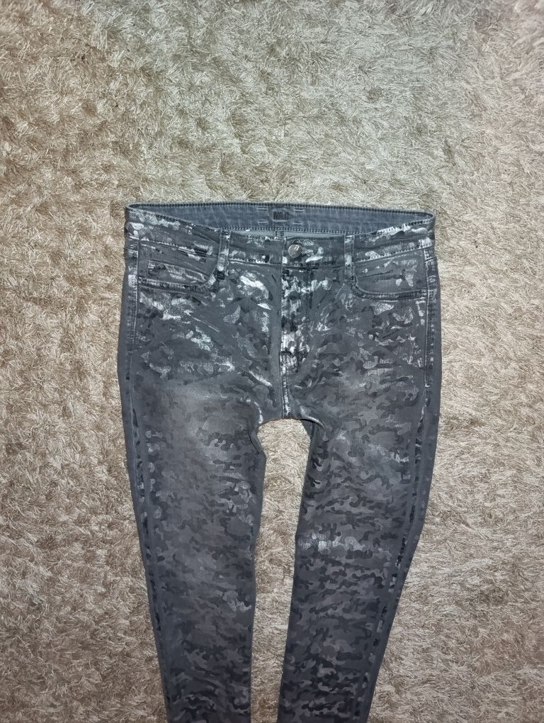 Jeansy 40 Mac szare spodnie rurki skinny moro srebrne