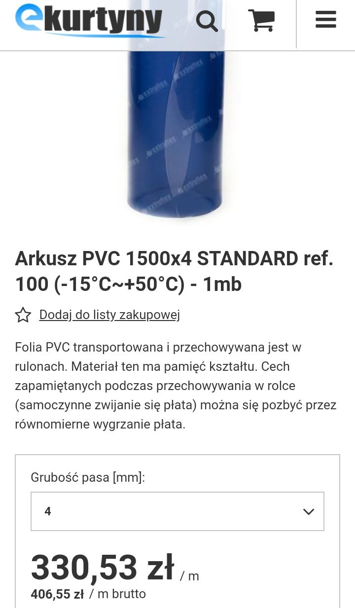 1500mm x 4mm (5-6mb) Rulon Kurtyna Folia PCV PVC Brama PCV