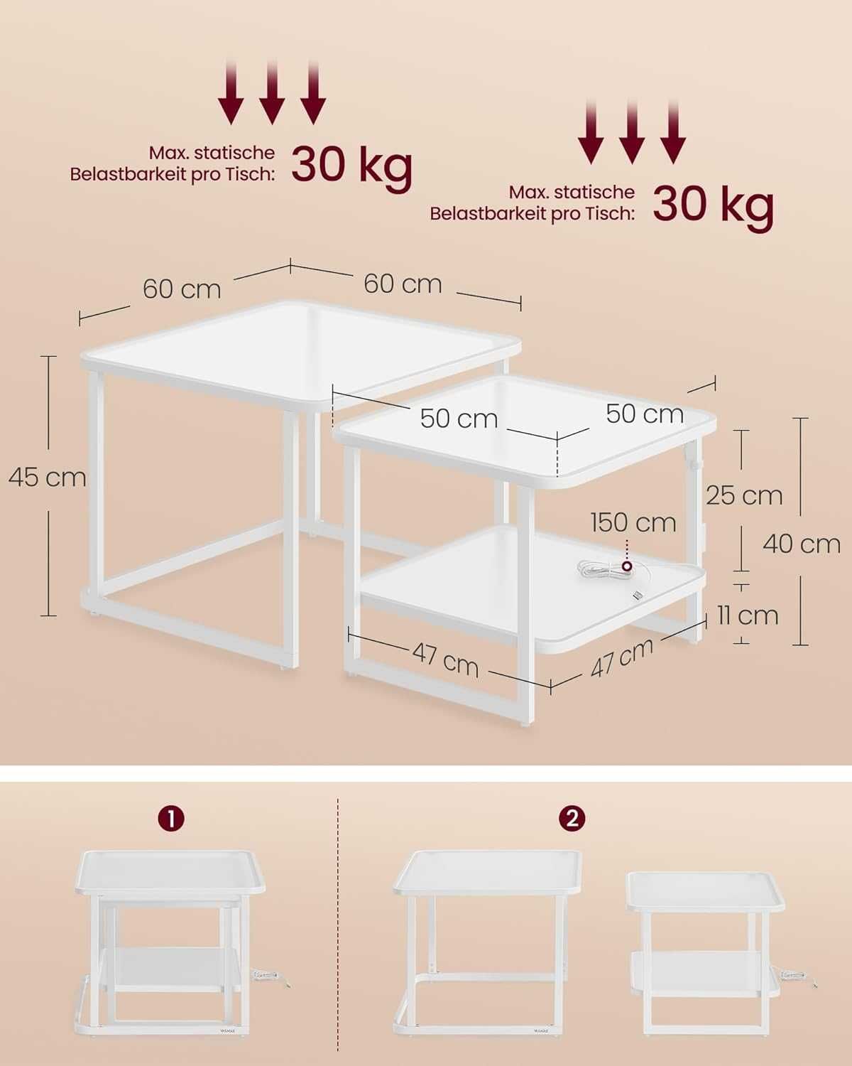 Zestaw dwóch stolików kawowych LED Songmics 60 x 60 x 45cm biały