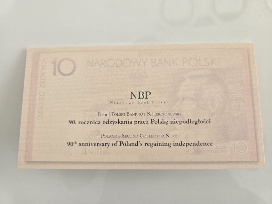 Banknot kolekcjonerski 10zł Piłsudski 90 rocznica  Niepodległości