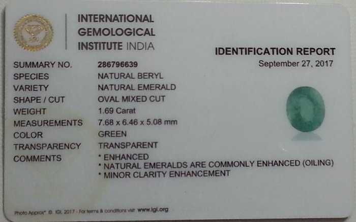 Esmeralda 1.69 ct + certificado IGI