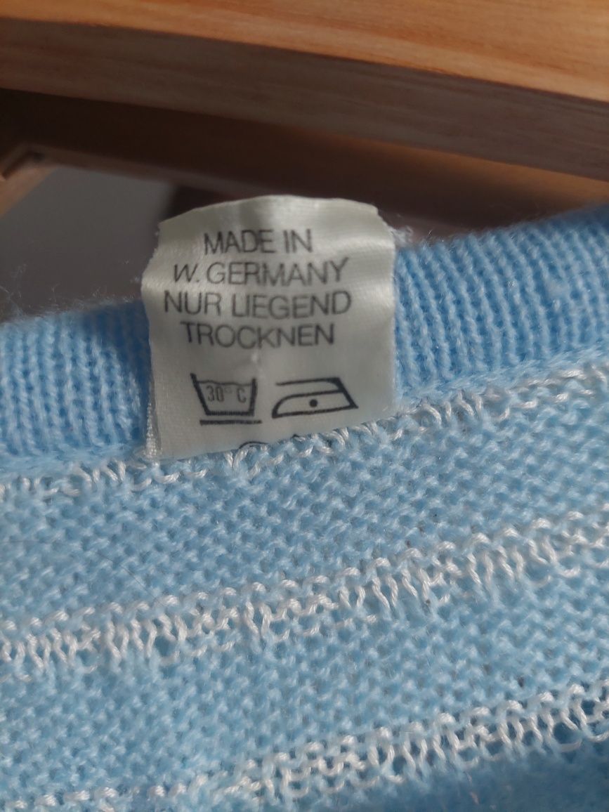 Vintage sweter kardigan błękitny biały paski nietoperzowy krój