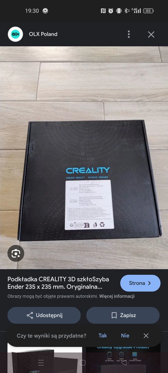 Podkładka Creality 3D szkło/szyba Ender 235mm x 235mm.