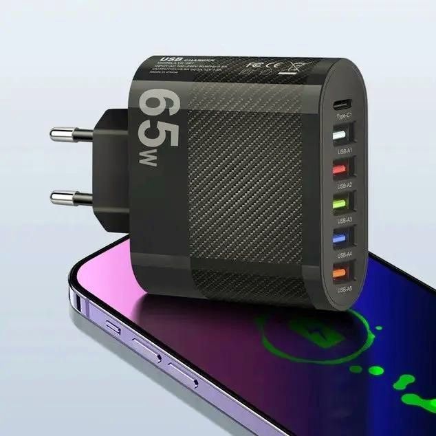 Зарядное устройство для телефона 3.1A    5 USB + Type C    65W