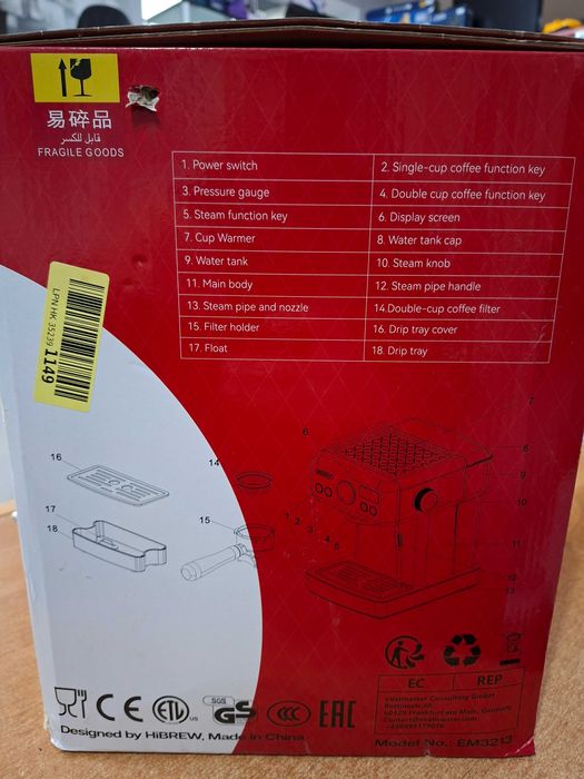 Ekspres ciśnieniowy do kawy HiBREW H10A KOMPLET 20 barów spieniacz