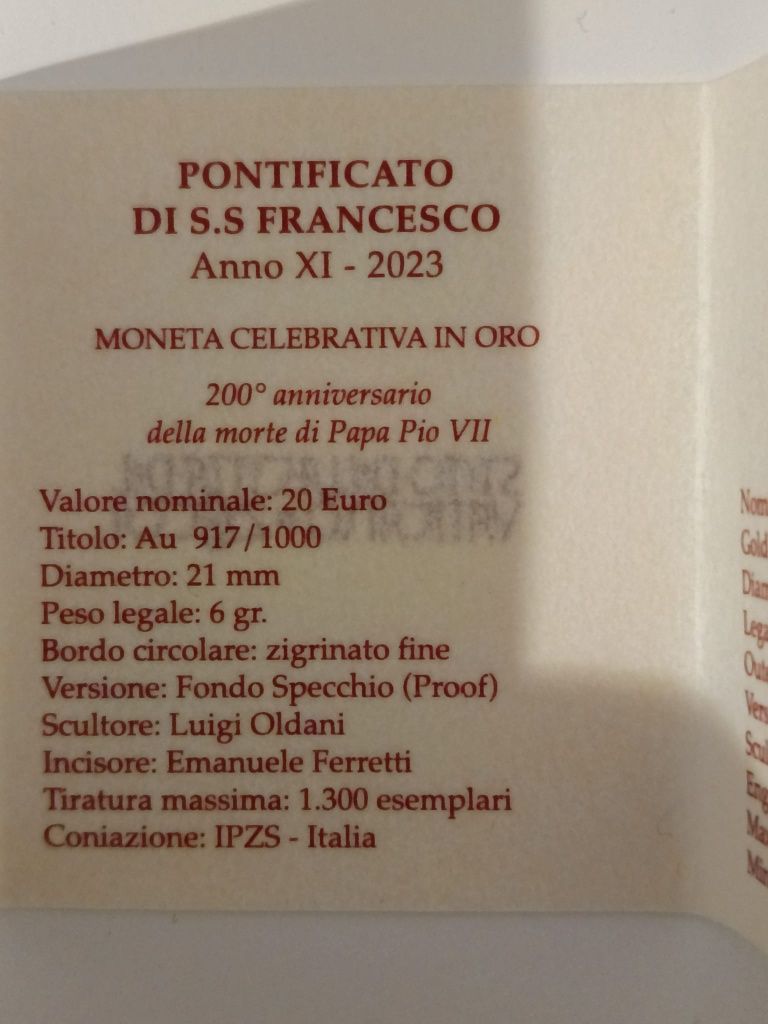 Moeda ouro Vaticano 2023