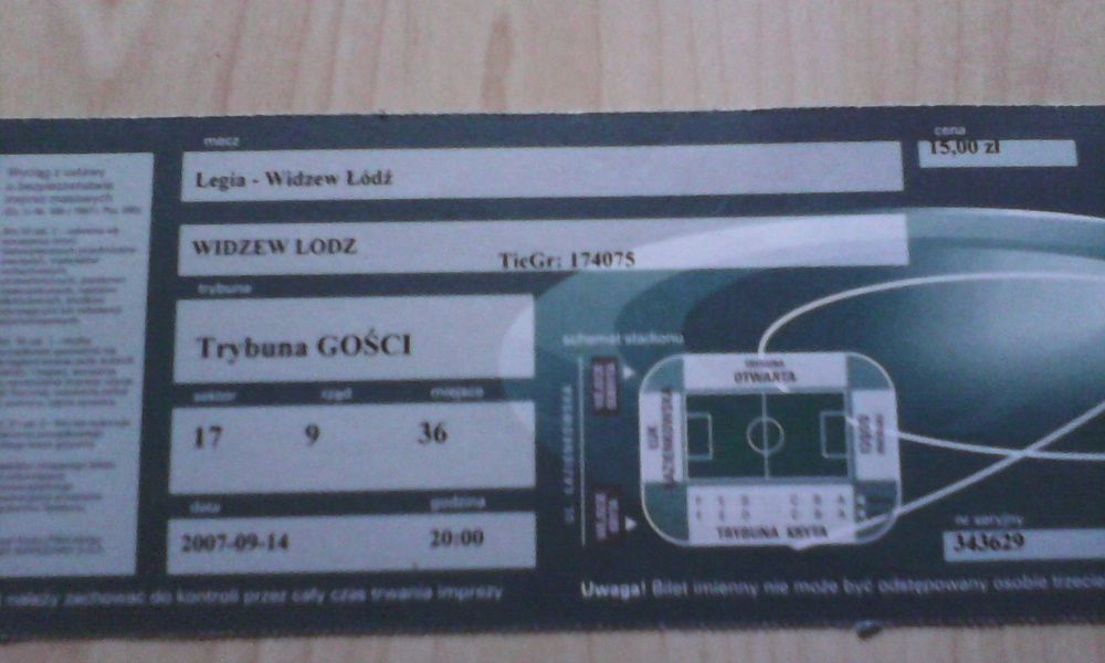 bilet Legia Warszawa -Widzew Łódź 2007.09.14